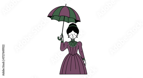 Victorian Woman with Striped Umbrella Illustration.