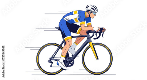 Athletic cyclist in aerodynamic racing gear speeding on a road bicycle.