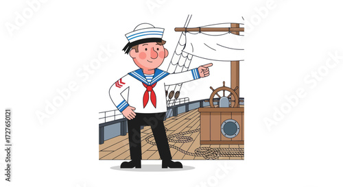 Happy Cartoon Sailor Character in Traditional Uniform Pointing on Ship Deck.