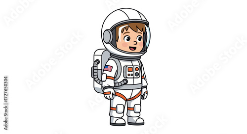 Cartoon Astronaut in White Spacesuit with Helmet and Backpack.