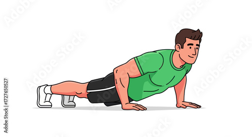 An illustrated man in a green shirt and black shorts performing a push-up exercise for fitness.