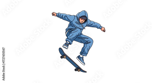 Young Skateboarder Performing Dynamic Ollie Trick in Blue Hoodie.