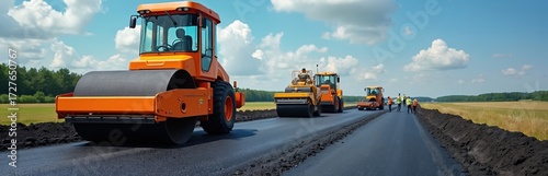 Heavy machinery compacts fresh asphalt on a rural highway under construction. Orange rollers flatten hot tar paving a new road. Workers supervise large equipment.