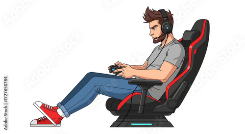 Side profile illustration of a focused young man playing video games in a modern black and red gaming chair.