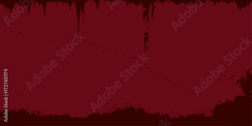 A red grunge background with an ink splat evokes a dusk landscape silhouette of a tree against an orange and red sky