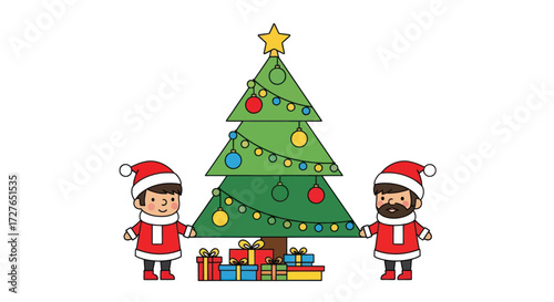 Cartoon Christmas Tree with Santa Helpers and Gifts.