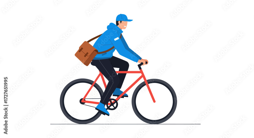 Fototapeta premium Delivery man riding a bicycle with a shoulder bag.