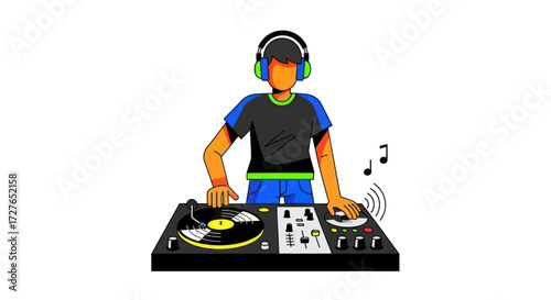 Cartoon DJ Character with Headphones Mixing Music on Turntable.