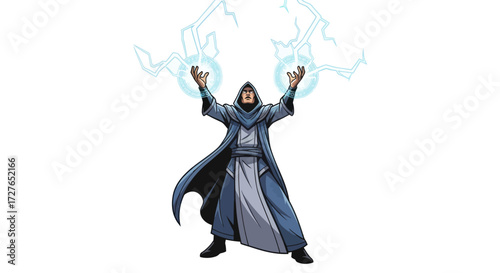 A powerful wizard conjures lightning with outstretched hands cloaked in mystical robes.