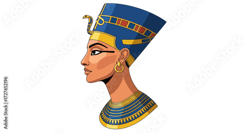 Nefertiti Bust: Egyptian Queen with Blue Crown and Golden Details.