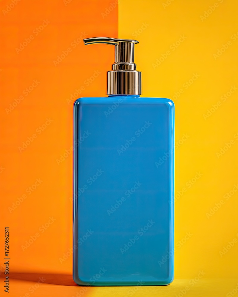 Obraz premium Vibrant blue pump bottle on a split orange and yellow background