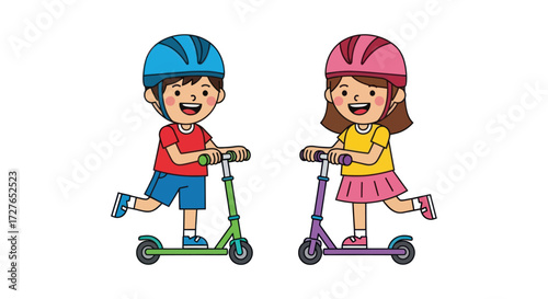 Happy Children Riding Scooters Wearing Helmets.