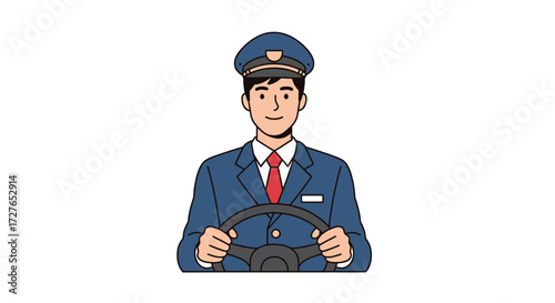 Cartoon Illustration of a Driver in Uniform Holding Steering Wheel.