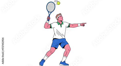 Athletic Tennis Player in Mid-Serve Motion with Racquet and Ball.