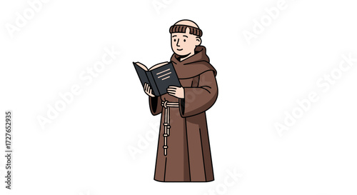 Cartoon Illustration of a Monk Reading a Book.