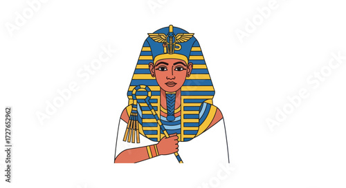 Illustrated Pharaoh Tutankhamun with Nemes Headdress and Crook and Flail.