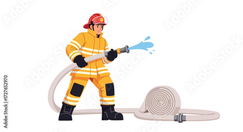 A firefighter in full yellow protective gear and red helmet spraying water from a fire hose isolated illustration.