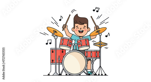 Cheerful cartoon boy enthusiastically playing a drum set with drumsticks.