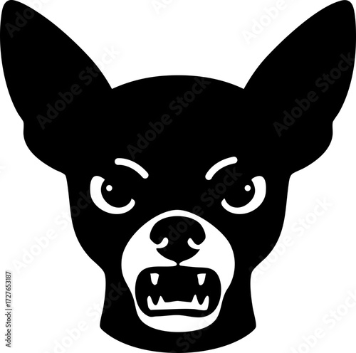 Pinscher head drawn from the front with tense expression and sharp features.