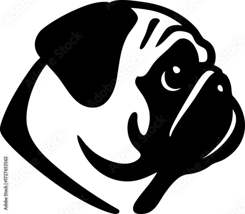 Pug profile with flat face, large eyes, and compact head.