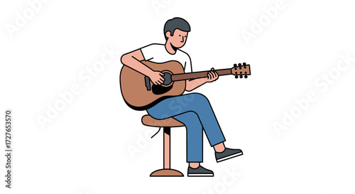 Young Man Playing Acoustic Guitar Simple Line Art Illustration.
