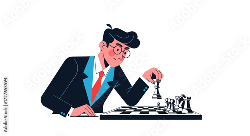 Focused businessman in suit playing chess making a strategic move.