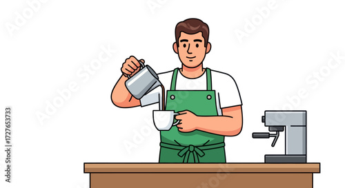 Cartoon illustration of a male barista in a green apron preparing a latte coffee.