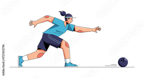 Athletic person in blue shirt and shorts bowling a purple ball.