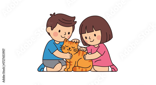 Children Petting a Ginger Cat: Boy and Girl with Affectionate Feline Friend.