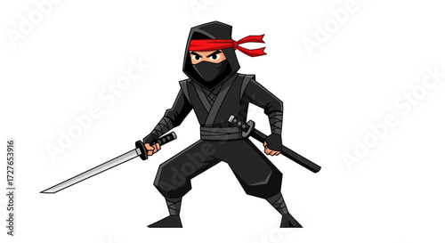 Cartoon Ninja Warrior in Black Outfit with Swords.