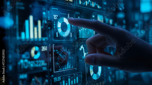 A futuristic digital touchscreen interface displays financial data visualizations, showcasing business analytics, stock market performance, and data-driven decision-making in a modern digital environm