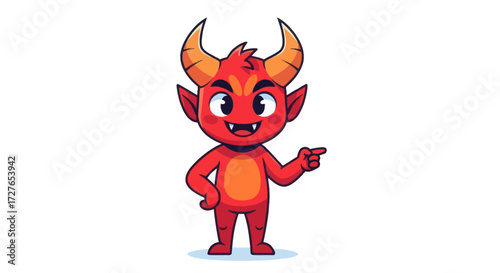 Adorable Cartoon Devil Character with Red Skin and Pointing Finger.