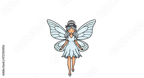 Cute Cartoon Fairy with Delicate Blue Wings and Light Dress.