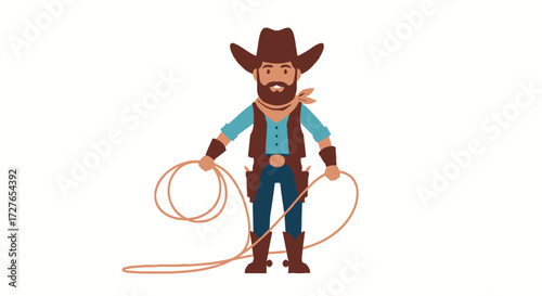 Cartoon Cowboy with Brown Hat and Lasso Standing Ready.
