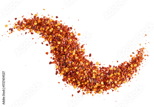 Vibrant crushed chili flakes, a dynamic curved trail scattered on a transparent background with soft studio light, captured top-down with macro lens, high-end culinary spice concept