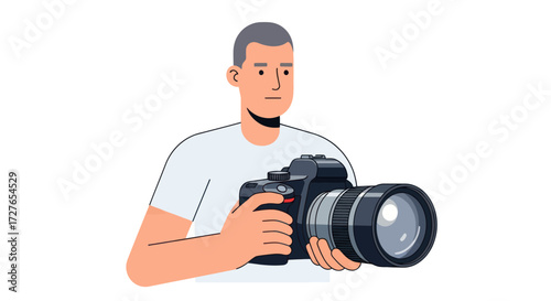 Man holding a professional DSLR camera with a large lens.