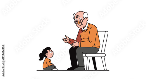 Elderly Gentleman and Child Engaged in Conversation.