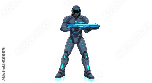 Futuristic Soldier in Dark Armor Holding a Laser Rifle.