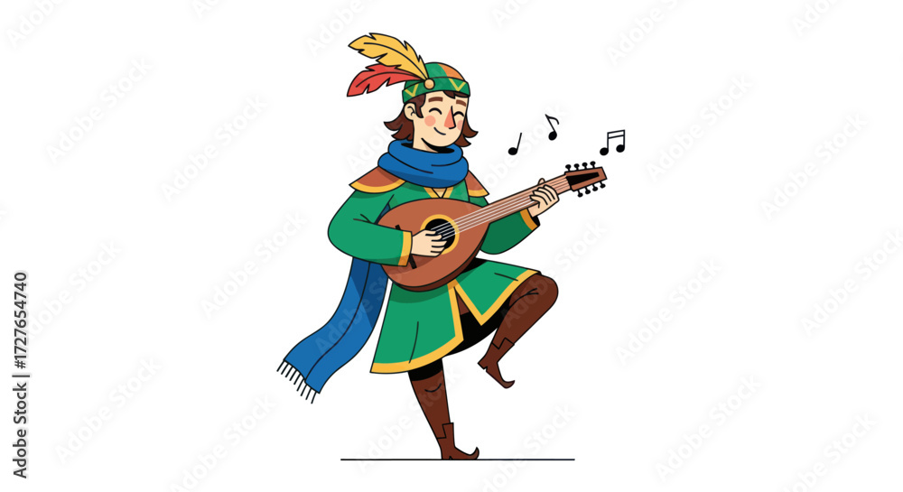 Naklejka premium Whimsical Cartoon Minstrel Playing Lute with Feathered Hat.