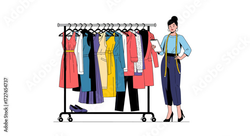Fashion Designer Standing Beside Clothing Rack with Dresses.