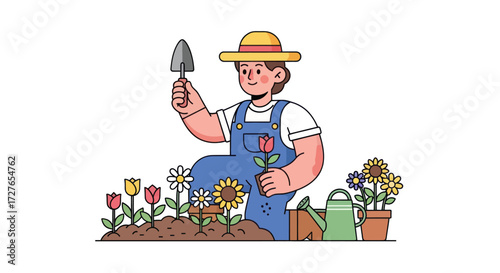 Happy Gardener Tending Colorful Flowers and Plants.