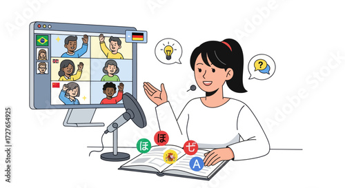 Online Language Class with Teacher and Students on Computer Screen.