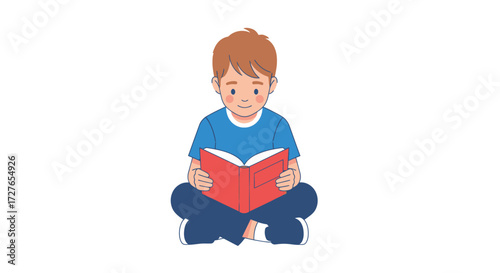 Young Boy Sitting Cross-legged Reading a Red Book.