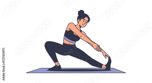 Woman Stretching in Athletic Pose on Yoga Mat.