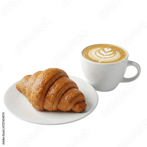 Photorealistic close-up of a golden, flaky croissant next to a latte with intricate heart foam art on a white ceramic plate, isolated on a clean studio background, minimalist breakfast aesthetic