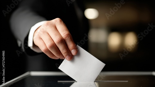 A person casts a ballot into a voting box in a dark setting.