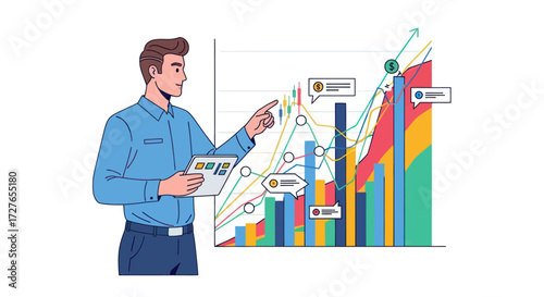 Professional man pointing at a growing business chart illustrating data analysis and strategy.