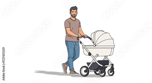 Bearded Man Pushing Modern White Baby Stroller Illustration.