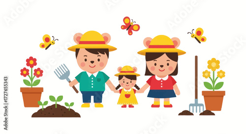 Cheerful Family Gardening Together with Hats and Tools.