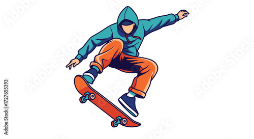 Skateboarder in Mid-Air Performing a Trick Wearing a Hoodie and Orange Pants.